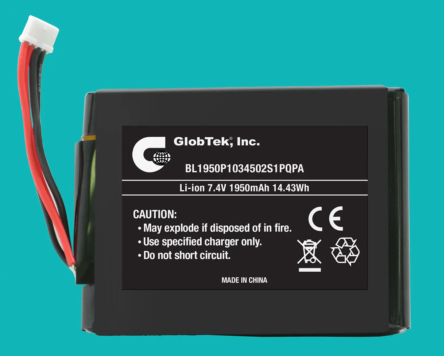 Pack batterie Li-Ion prismatique de GlobTek, un BL1950P1034502S1PQPA de 7,4V/1950mAh, homologué UL 1642 et conforme à la norme CE 2004/108/CE en matière de compatibilité électromagnétique, y compris EN61000-6-1:2007, EN61000-6 -3:2007 !

